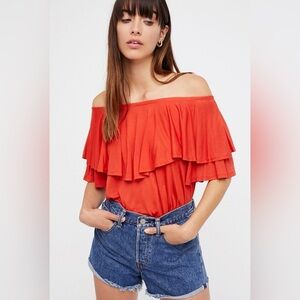 Free People FP Beach Pretty Lady Top Coral Red Large Off The Shoulder Top